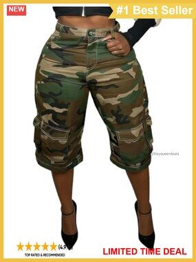 Women's Ripped Camo Denim Bermuda Shorts High Waist Wide Leg Patchwork